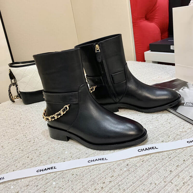 Ch**el Calfskin Chain Ankle Boots