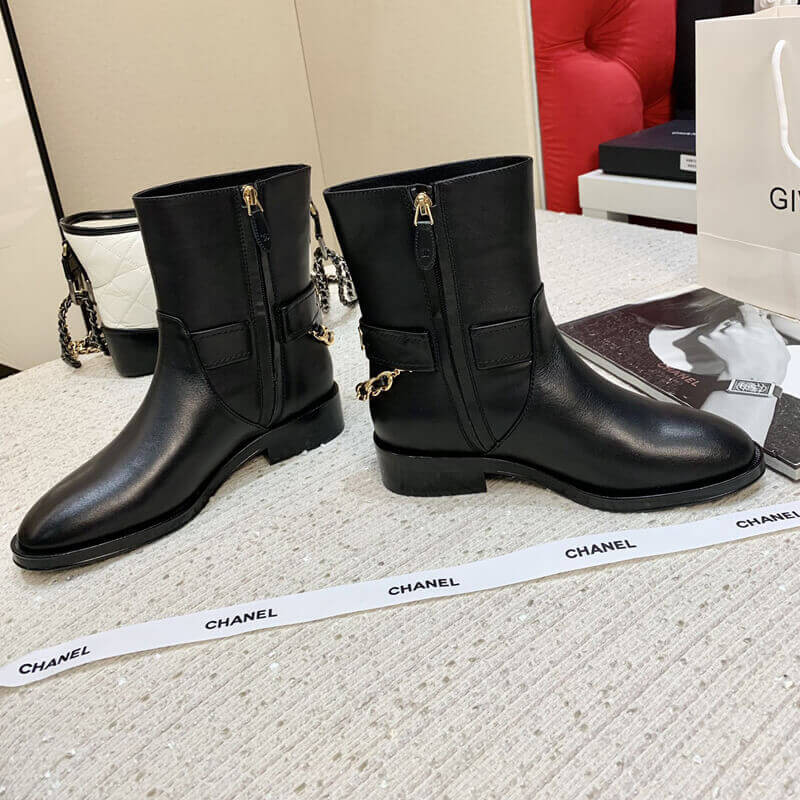 Ch**el Calfskin Chain Ankle Boots