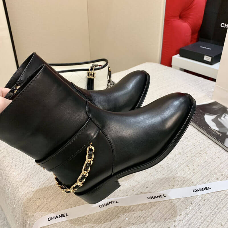 Ch**el Calfskin Chain Ankle Boots