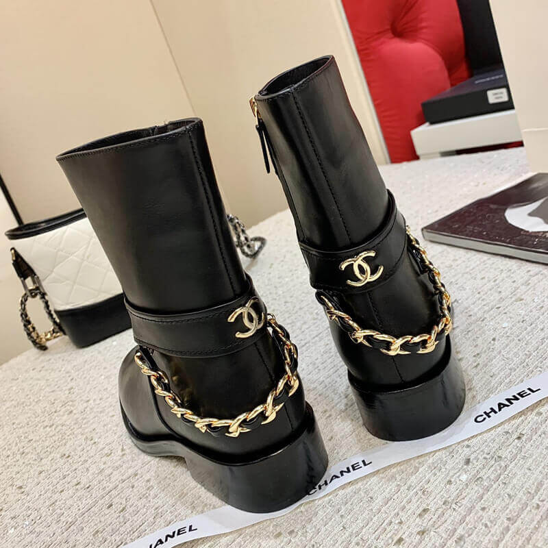 Ch**el Calfskin Chain Ankle Boots