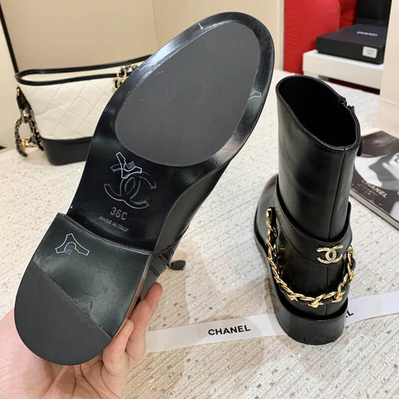 Ch**el Calfskin Chain Ankle Boots