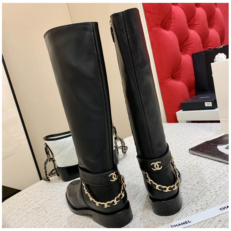 Ch**el Calfskin Chain High Boots
