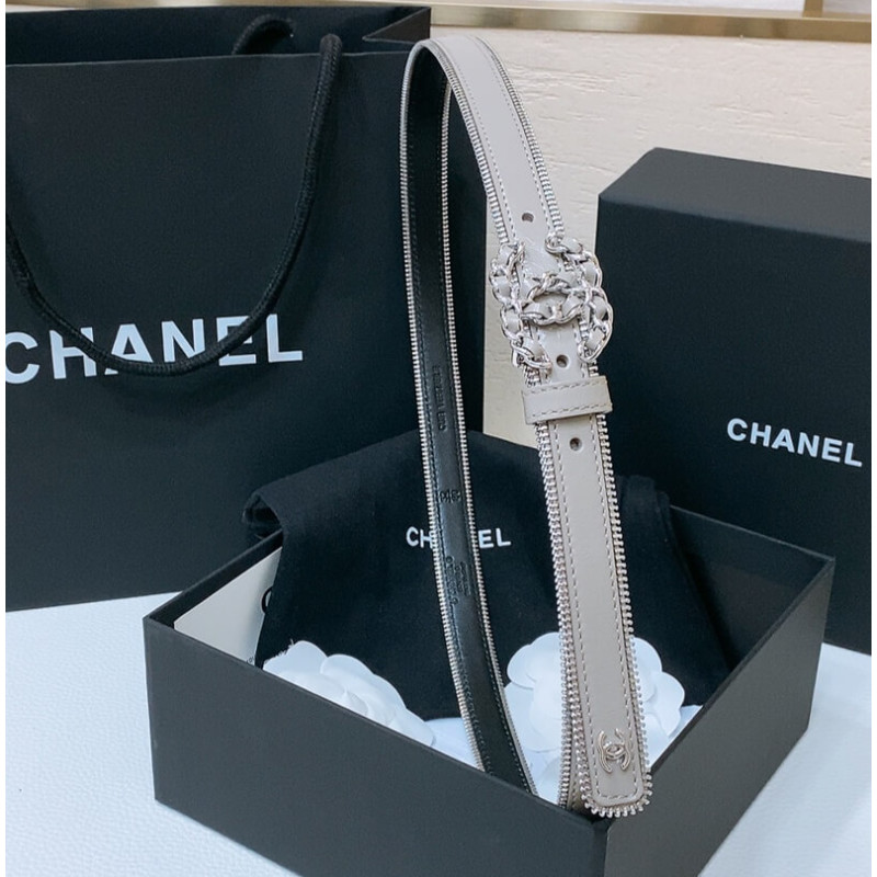 Ch**el Calfskin Belt Metal Double C Buckle 20mm