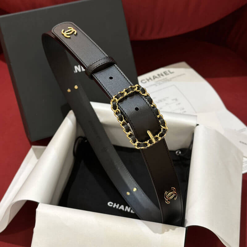 Ch**el CC Logo Leather Belt Black Gold