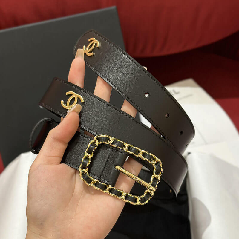 Ch**el CC Logo Leather Belt Black Gold