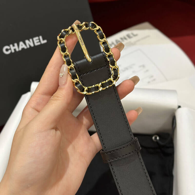 Ch**el CC Logo Leather Belt Black Gold