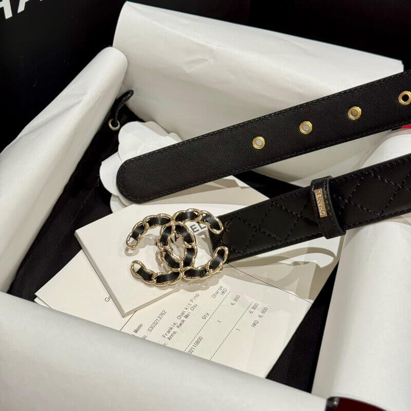 Ch**el Black Quilted Calfskin CC Chain Belt