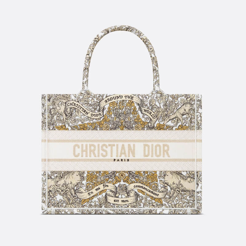 D10r Book Tote Medium Latte Embroidery with Gold-Tone D10r Around the World Motif