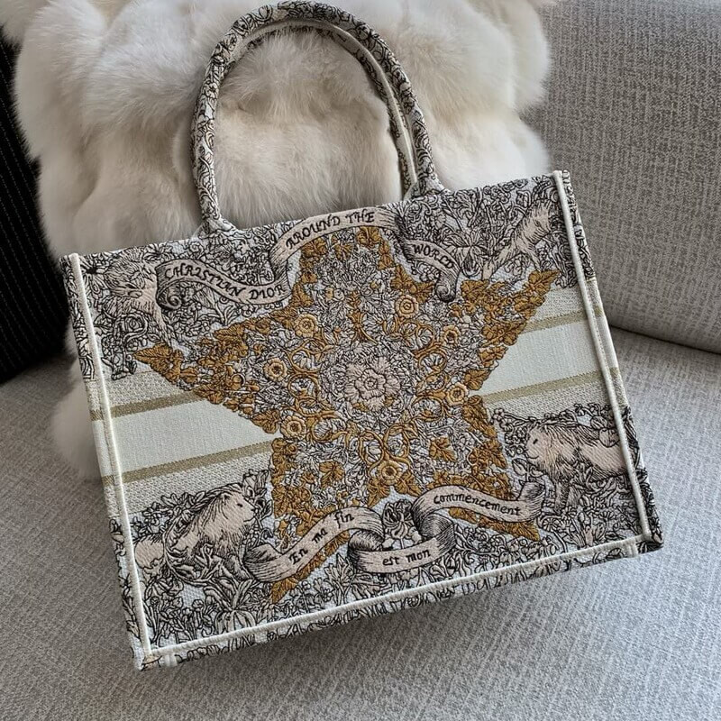 D10r Book Tote Medium Latte Embroidery with Gold-Tone D10r Around the World Motif