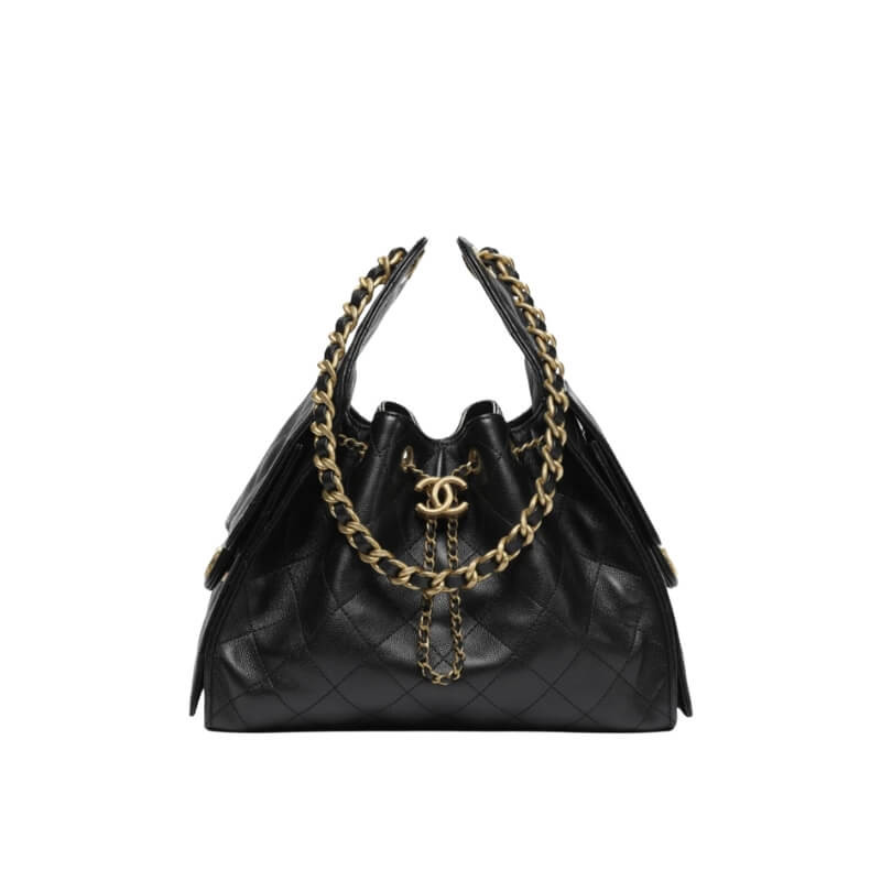 Ch**el 25 Small Hobo Bag Black Grained Calfskin AS5293