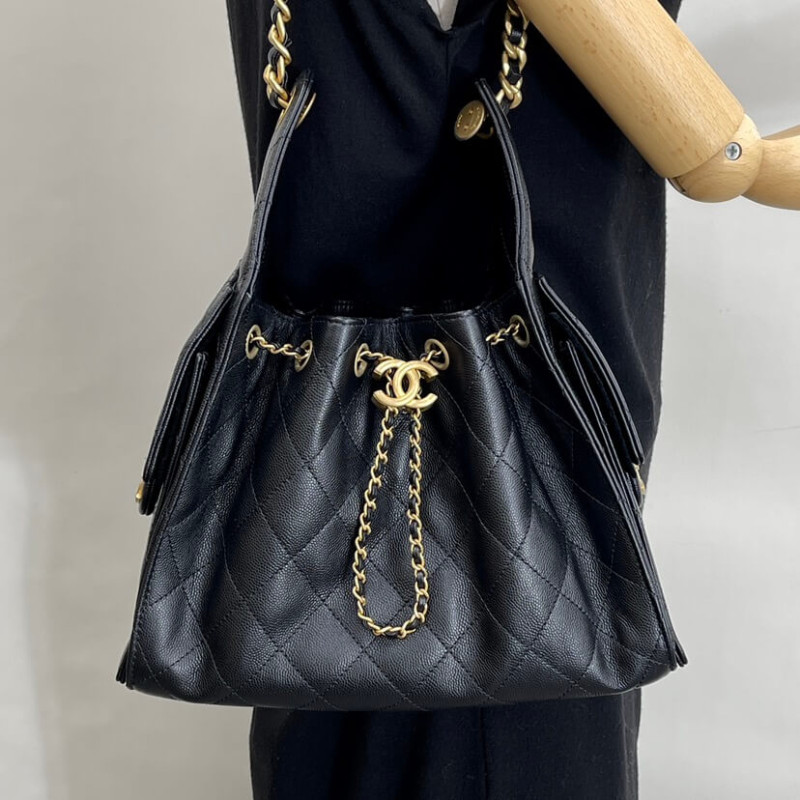 Ch**el 25 Small Hobo Bag Black Grained Calfskin AS5293