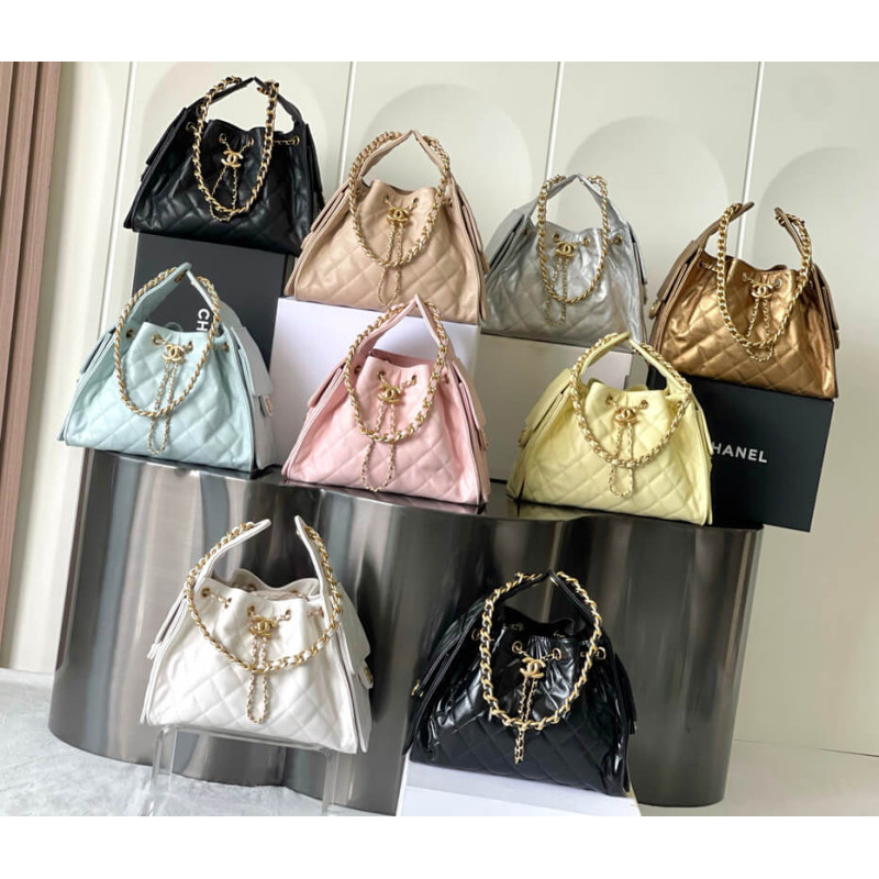 Ch**el 25 Small Hobo Bag Black Grained Calfskin AS5293