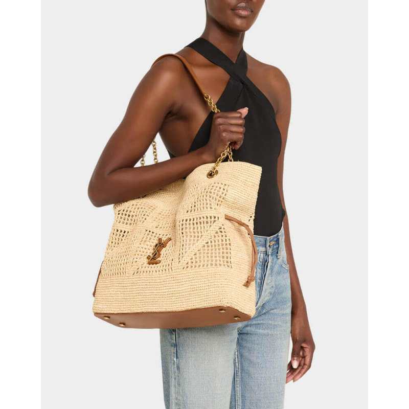Sa1nt Lau*nt Jamie Leather-Trimmed Raffia Tote Bag