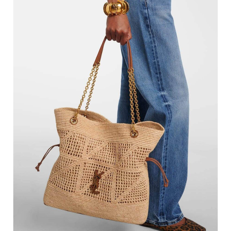 Sa1nt Lau*nt Jamie Leather-Trimmed Raffia Tote Bag