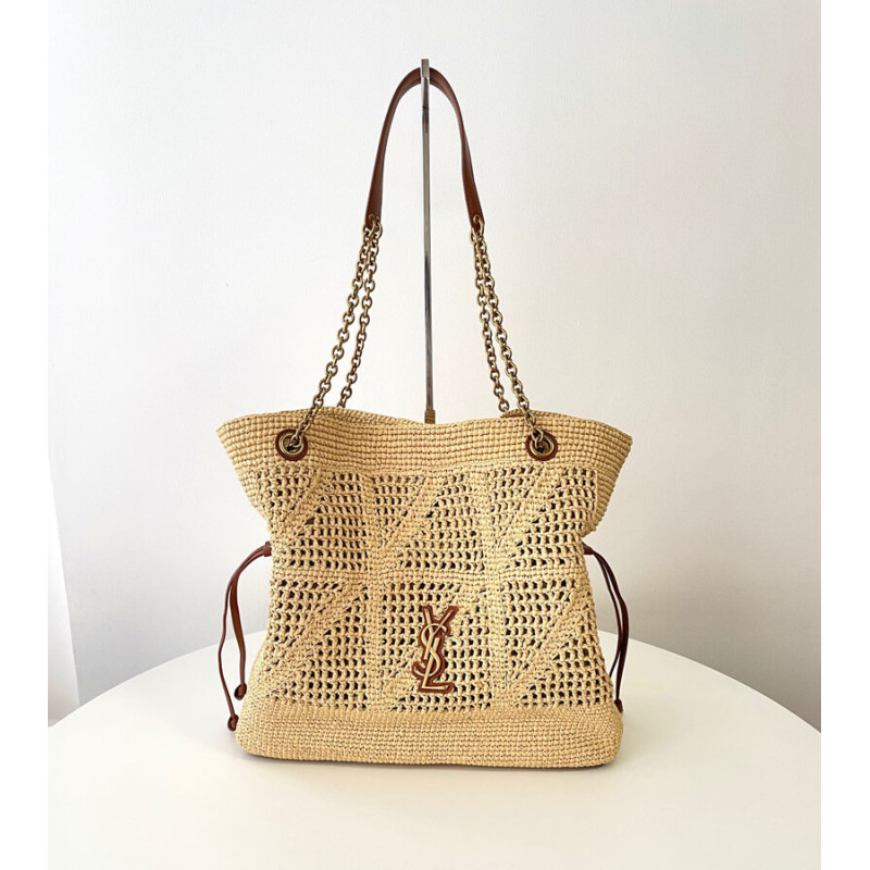Sa1nt Lau*nt Jamie Leather-Trimmed Raffia Tote Bag