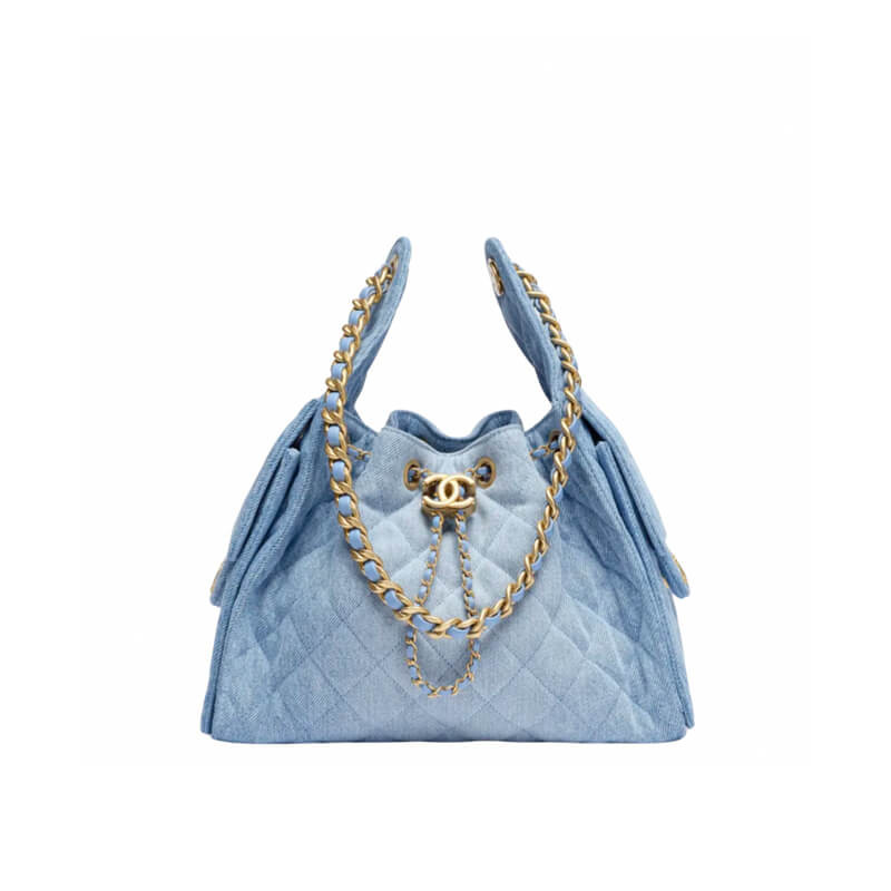 Ch**el 25 Small Handbag Hobo Washed Denim Blue