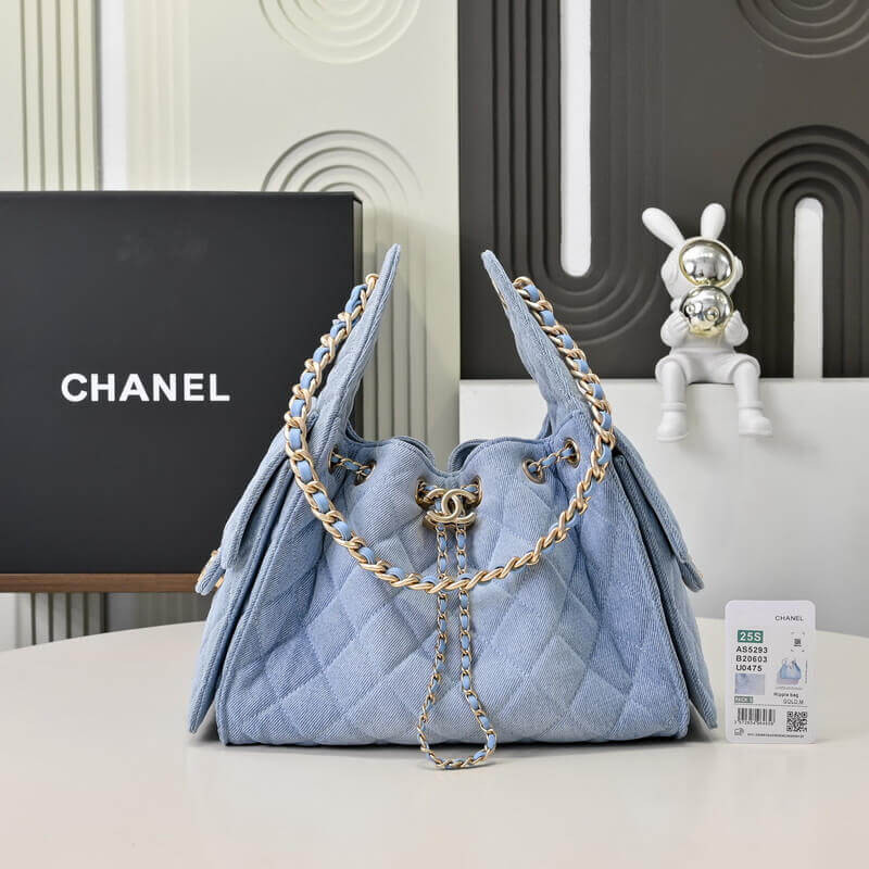 Ch**el 25 Small Handbag Hobo Washed Denim Blue