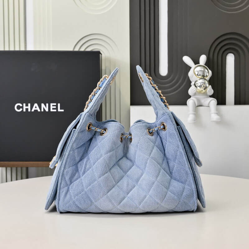 Ch**el 25 Small Handbag Hobo Washed Denim Blue