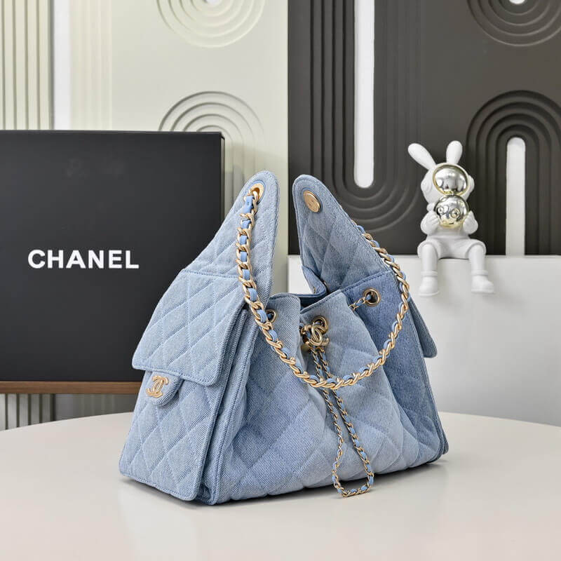 Ch**el 25 Small Handbag Hobo Washed Denim Blue
