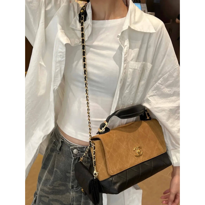 Ch**el 25 Large Top Handle Flap Bag Suede and Lambskin AS5637