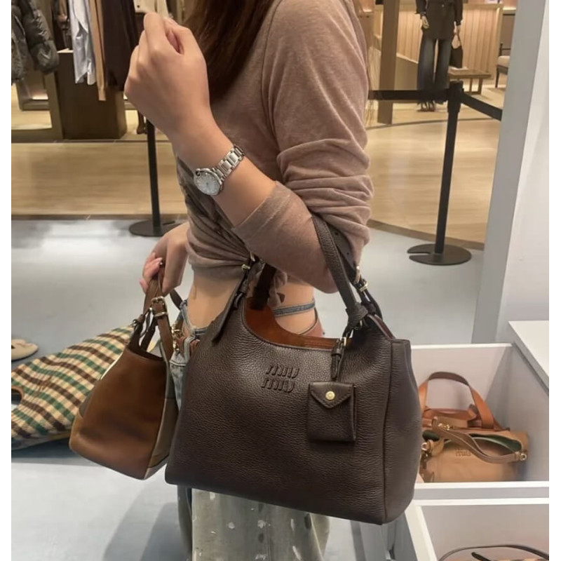 M1um1u Japanese Flash Stitching Tote Bag 5BA304 Dark Brown